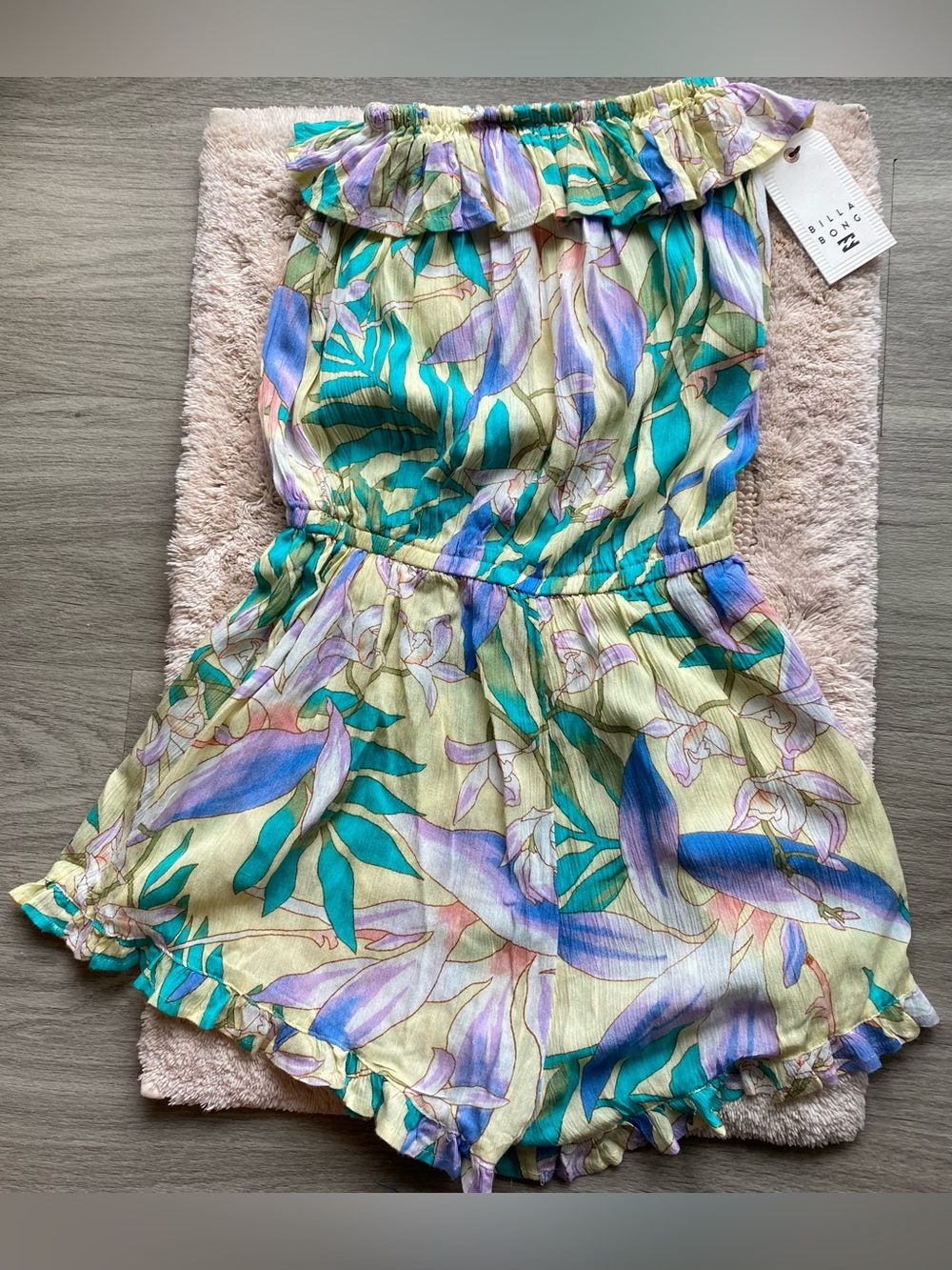 Billabong Floral Ruffle Romper in Yellow, Teal & Purple XS 100% Rayon